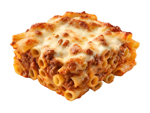 Baked ziti pasta layered with meat sauce and melted mozzarella cheese, classic Italian American comfort food isolated on white.