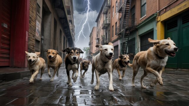 Pack of dogs running through a wet city street during a thunderstorm with lightning striking