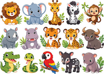 Fototapeta premium Cute cartoon animals with flowers and mushrooms, set cute animals bear