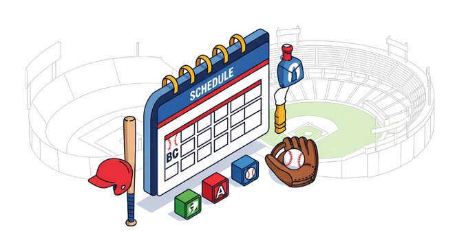 Isometric baseball schedule and sports equipment