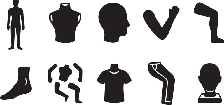 Human body silhouette icon set, anatomy figure vector, torso head design, arm leg artwork, mannequin t-shirt graphic, medical anatomy emblem