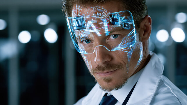 Futuristic scientist male face augmented reality digital overlay cyberpunk style technology innovation virtual interface science laboratory Confident male scientist looks into camera with glowing