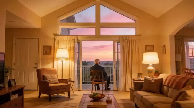 Pink sunset appearing urging senior in dark sweater sitting in living room gazing via glass doors