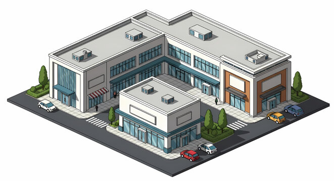 Isometric modern shopping mall exterior architecture