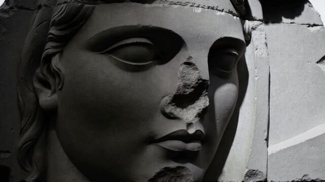 Panning camera documenting stone relief at gallery, spotlight shifting revealing chipping and seam