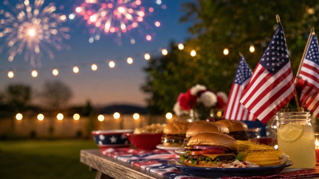 Fourth of July barbecue table with flags burgers and fireworks