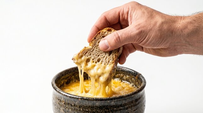 Hand dipping crusty bread into a bowl of melted cheese fondue on a white background