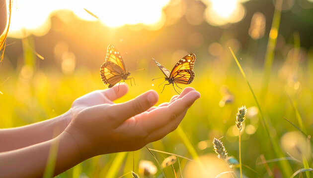 Mindful childhood moment with screen free hands gently holding butterflies in sunlit field, evoking peace and wonder