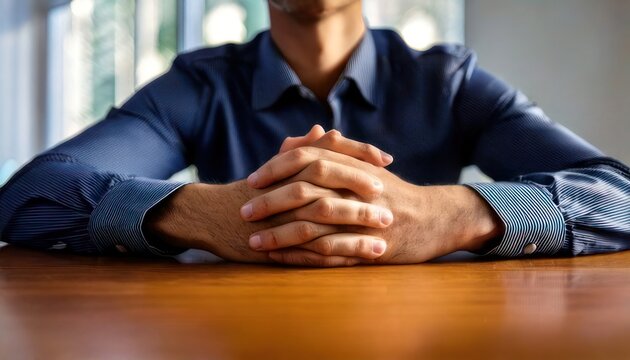 Man with Interlocked Fingers on Wooden Table in Office.