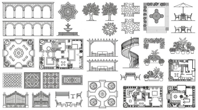 Classical Mediterranean Garden CAD Block Collection with Architectural Elements, Floor Plans and Landscape Details
