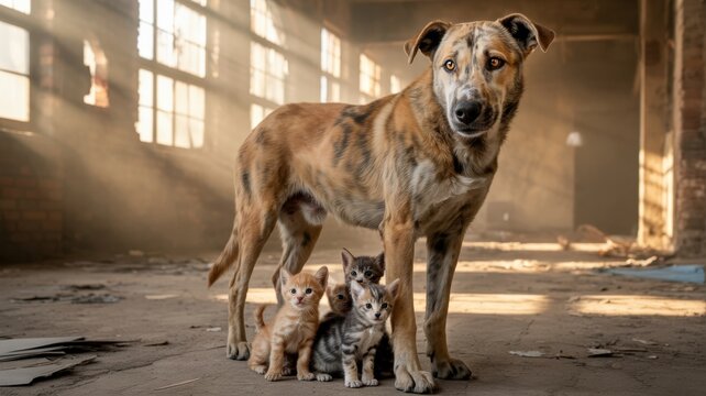 Protective dog shelters tiny kittens in abandoned building with dramatic sunbeams filtering through windows