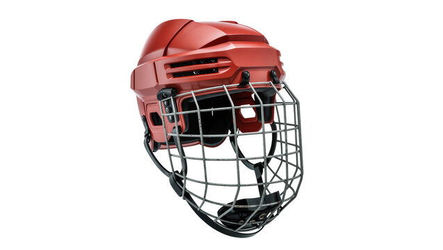 Isolated modern red ice hockey helmet with a metal cage, essential head protection for players.