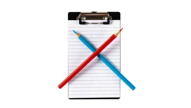 Isolated clipboard with blank lined notepad and crossed red and blue pencils forming an X symbol