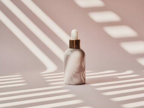 A clear glass dropper bottle with gold cap on pink background with sunlight shadows