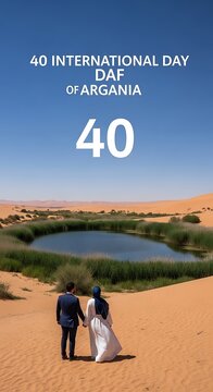 Couple walking towards a desert oasis on International Day of Argania.