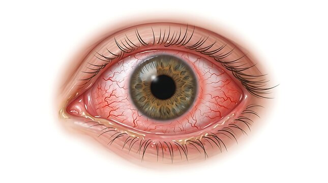 Red irritated human eye with visible blood vessels