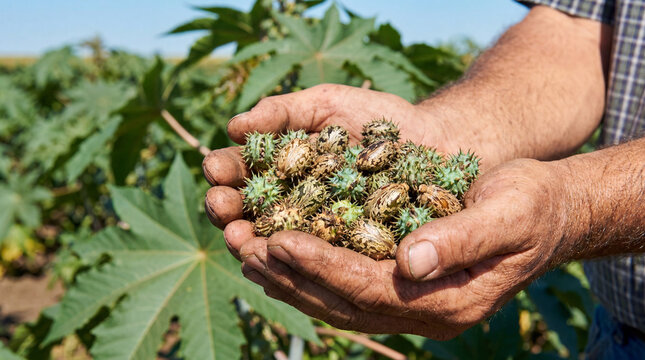 Weathered farmer hands holding spiky castor bean harvest representing organic agriculture and manual crop collection