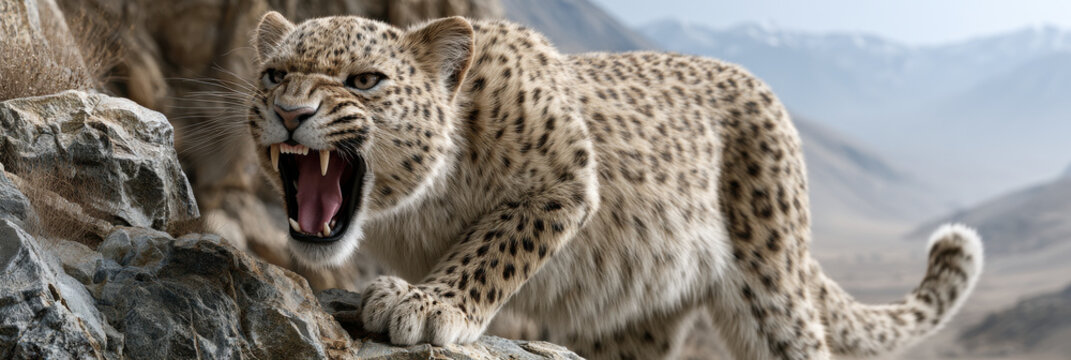 Leopard predator roar mountain rock snow wilderness wildlife big cat feline Fierce leopard predator roar rugged mountain rock with distant snow wilderness landscape wildlife big cat power
