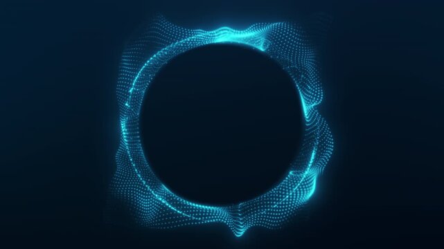 Cyan glowing particle wave portal with dotted digital motion on a dark background. Abstract AI data ring for cyber technology visuals, science concepts, network systems, futuristic screens, 