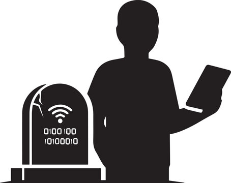 Silhouette of a person holding a tablet next to a digital tombstone with Wi-Fi symbol and countdown timer isolated on transparent background