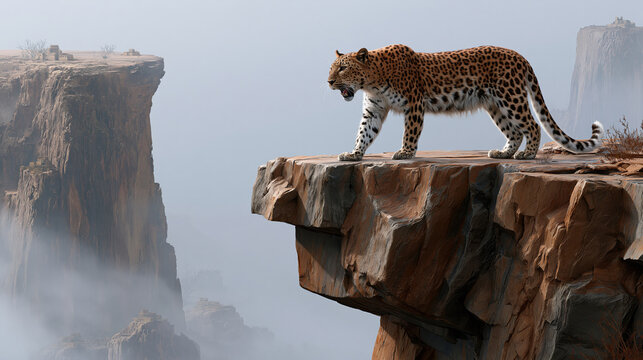 Leopard big cat predator roar cliff rock canyon fog wild nature Leopard big cat predator roar cliff rock canyon above fog wild nature landscape dramatic scene power strength danger alert solitary