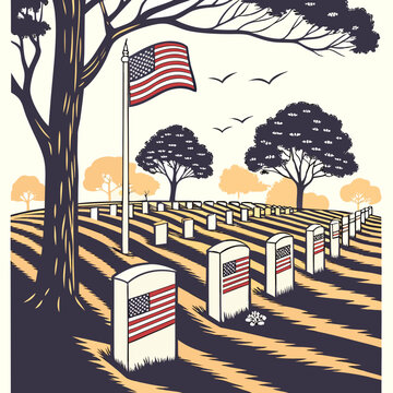 Military cemetery with american flag tombstones and trees graphic art, cemetery