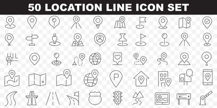 Map and location icon set. Navigation, GPS, direction, travel, route, destination, road, navigator icons. Thin line editable stroke vector illustrations. Map pin thin line icon set. destination point