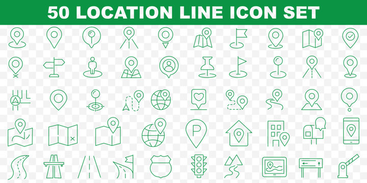 Map and location icon set. Navigation, GPS, direction, travel, route, destination, road, navigator icons. Thin line editable stroke vector illustrations. Map pin thin line icon set. destination point