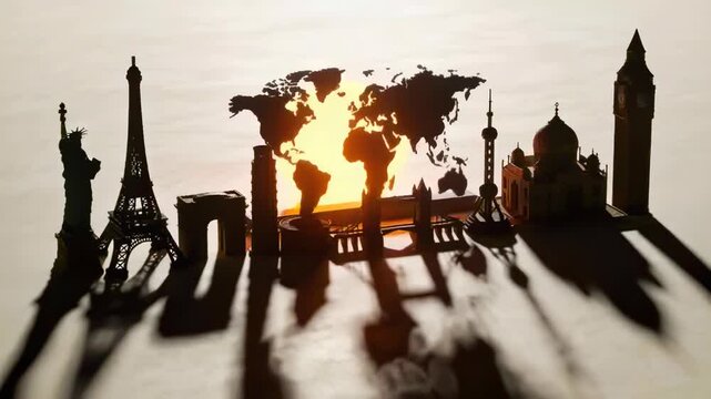 World-map backlight shifting, global landmark models casting long shadows across studio tabletop