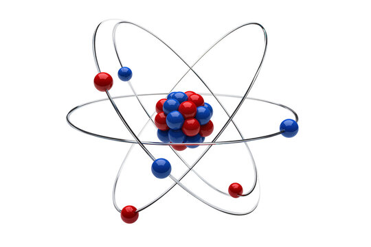 Isolated 3D render of an atom model with nucleus, electrons orbiting on rings, science concept
