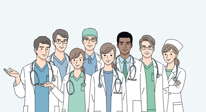 Diverse Team of Medical Professionals and Doctors in White Coats and Scrubs Smiling Together, Vector Illustration