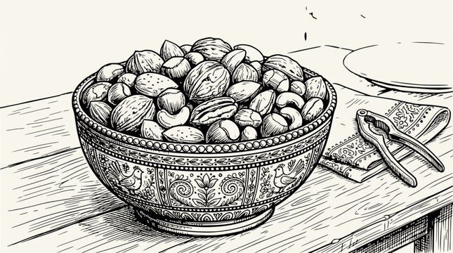 Hand-Drawn Bowl of Mixed Nuts with Nutcracker on Table