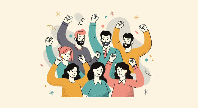 Diverse Group of People Celebrating Success and Unity with Raised Fists in a Stylized Flat Illustration