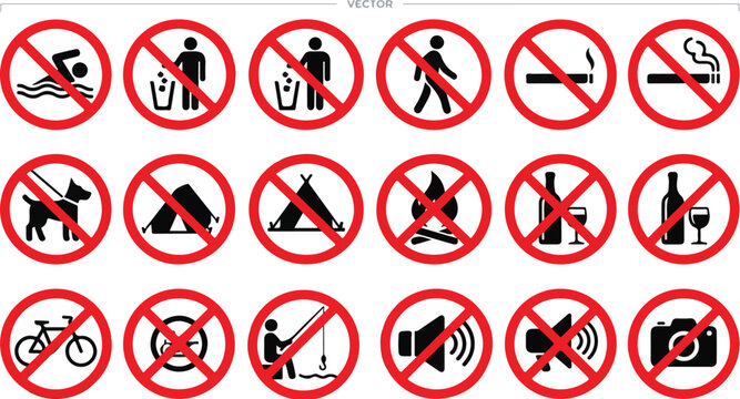 A collection of 20 red circle prohibition signs with black icons on white background depicting various forbidden actions and objects.