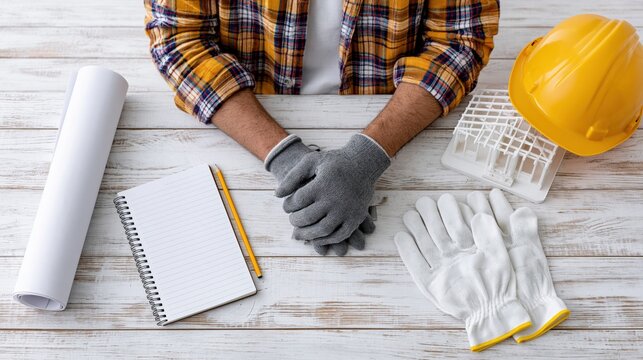 Worker with gloves and helmet preparing construction plans