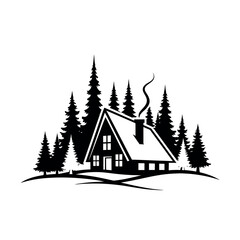 Obraz premium Cozy Cabin in Snowy Forest Silhouette.
