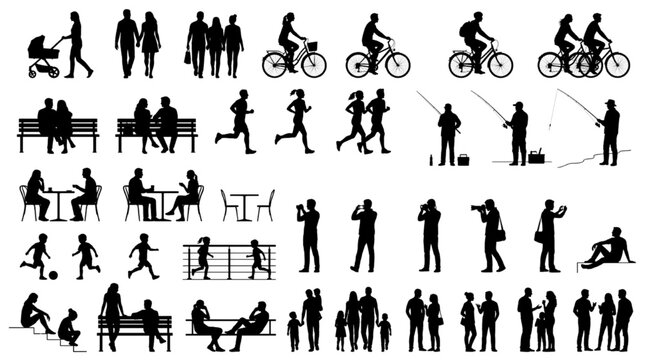 Urban Park People Activity Silhouette CAD Block Collection with Cyclists, Runners, Families, Bench Seating and Outdoor Leisure Figures
