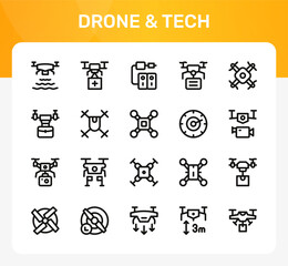 Fototapeta premium Drone and Tech icon set. Editable line icons. Professional and modern outline icon collection vector illustration highlighting futuristic gadgets and aerial devices in a simple design.
