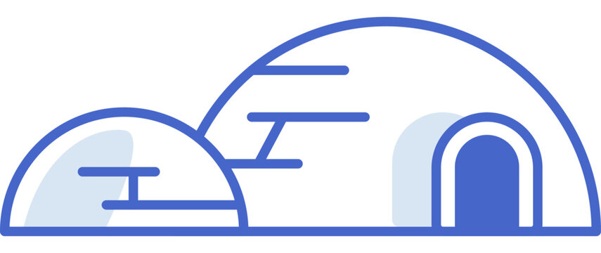 Two blue igloos in a minimalist line art style vector illustration. Arctic travel, winter survival, northern tourism, polar exploration, indigenous housing, cold climate. Snow huts with ice blocks