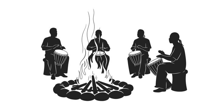 African men playing drums together outside.