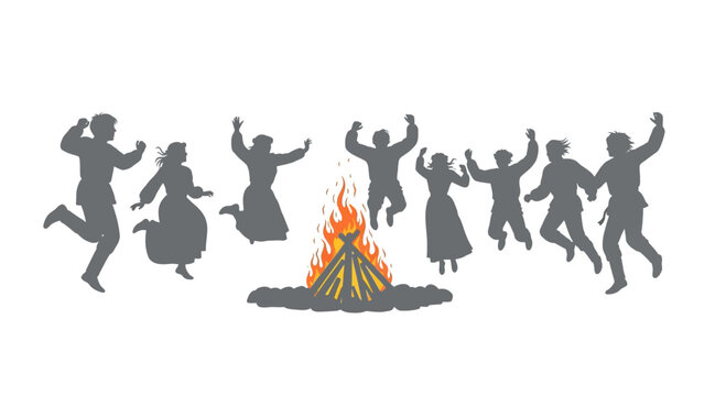 People dancing around a campfire together.