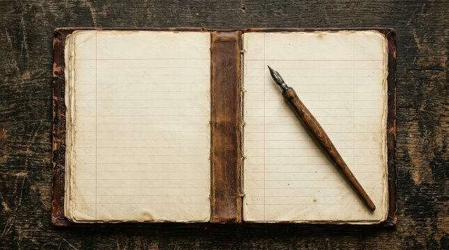 Antique open diary with vintage quill pen on dark wood table overhead flat lay