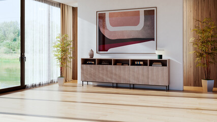Fototapeta premium 3D render, illustration Large Luxury modern living room interior, brutalist architecture realistic lighting, Graphic Overlay wide angle, contemporary furniture, clean lines, minimalist decor, elegan