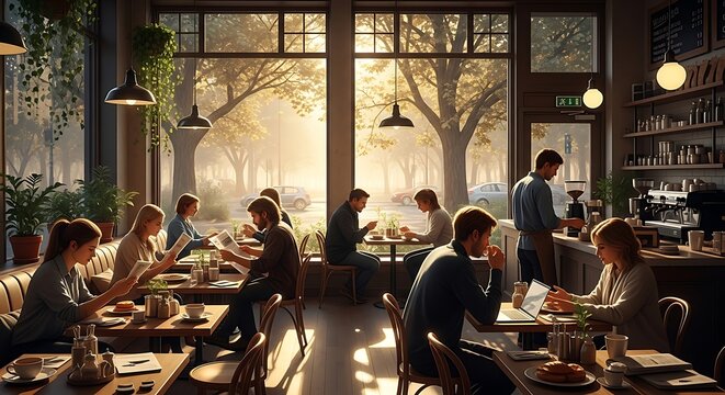 Cozy Interior of a Busy Coffee Shop with Customers Enjoying Drinks and Working.