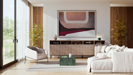 Obraz premium 3D render, illustration Large Luxury modern living room interior, brutalist architecture realistic lighting, Graphic Overlay wide angle, contemporary furniture, clean lines, minimalist decor, elegan