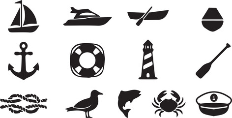 Nautical marine silhouette icon set, sailboat motorboat vector, anchor lighthouse design, dolphin crab artwork, captain hat graphic, coastal sea emblem © MD SAKIB