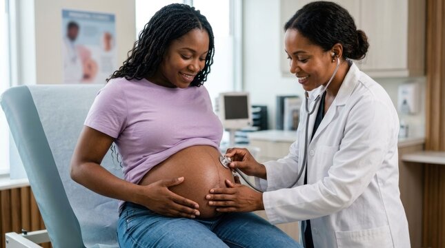 Doctor examines pregnant womans belly during prenatal checkup.