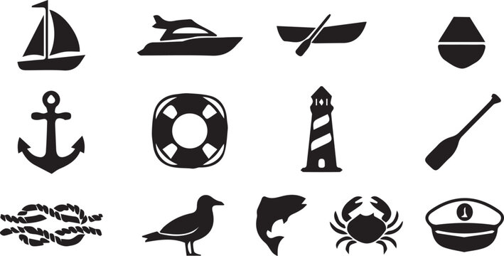 Nautical marine silhouette icon set, sailboat motorboat vector, anchor lighthouse design, dolphin crab artwork, captain hat graphic, coastal sea emblem