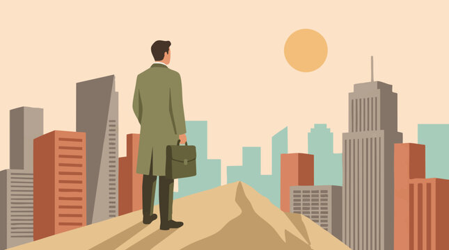 Businessman with briefcase overlooking city skyline from a peak, ambition concept