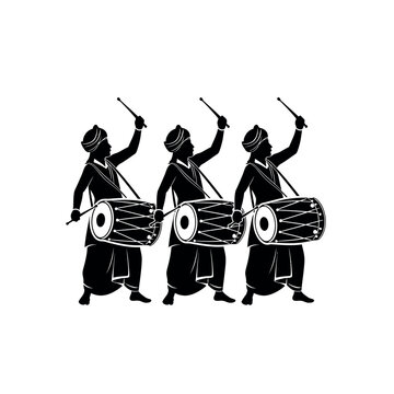 Three Men Playing Indian Drums Energetically.